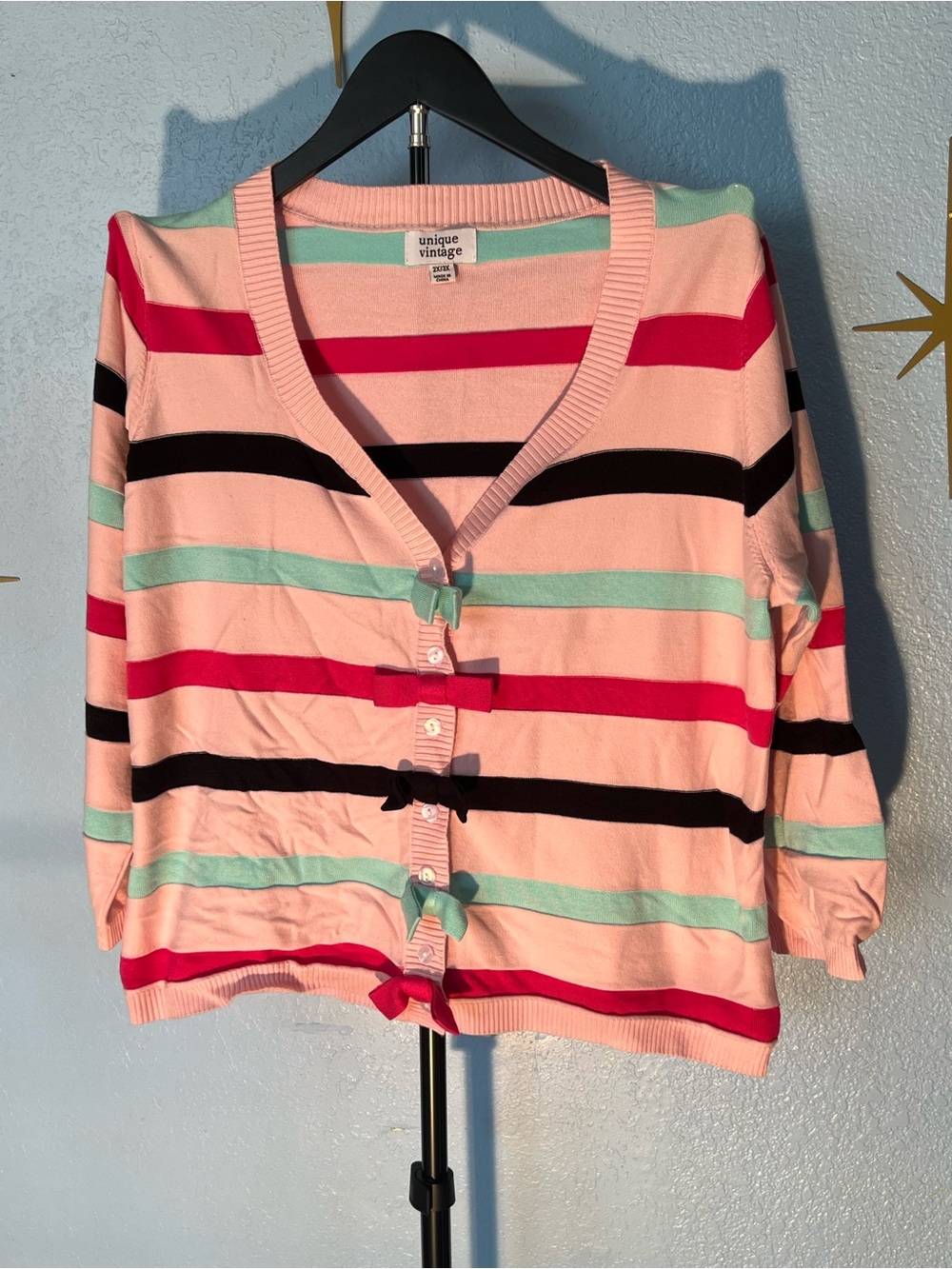 Unique Vintage Pink Striped Bow-Front Cardigan with Mint and Black
